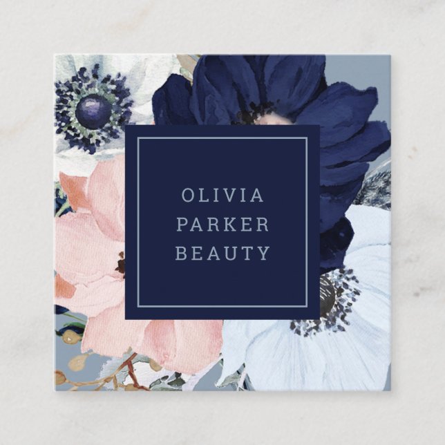 Carte De Visite Carré Floral bleu marine et rose pâle (Devant)