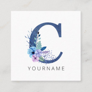 Carte De Visite Carré Floral Monogramme C Flores Bleues Hiver