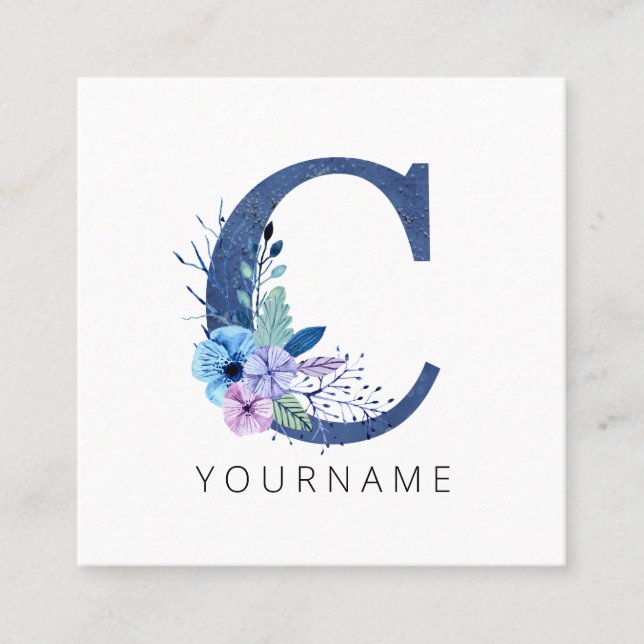Carte De Visite Carré Floral Monogramme C Flores Bleues Hiver (Devant)