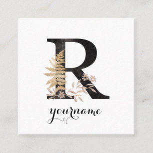 Carte De Visite Carré Floral Monogramme R Black Gold Flora
