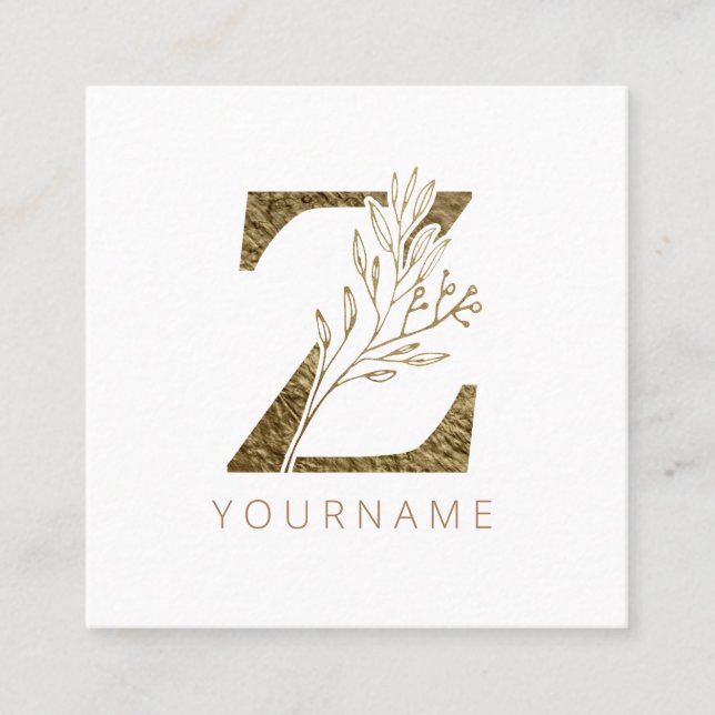 Carte De Visite Carré Floral Monogramme Z Élégant alliage d'or (Devant)