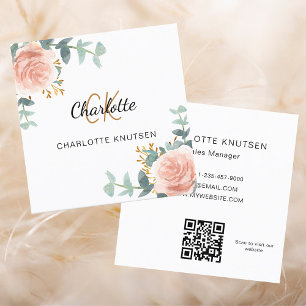 Carte De Visite Carré Floraux d'or rose monogramme code Qr