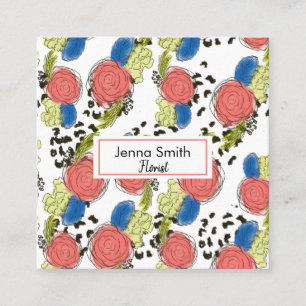 Carte De Visite Carré Flore dessinée à la main Coral Bleu Jardin fleuris