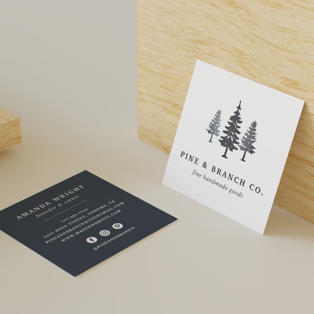 Carte De Visite Carré Forêt d'hiver | Logo de l'arbre des pins (Créateur téléchargé)