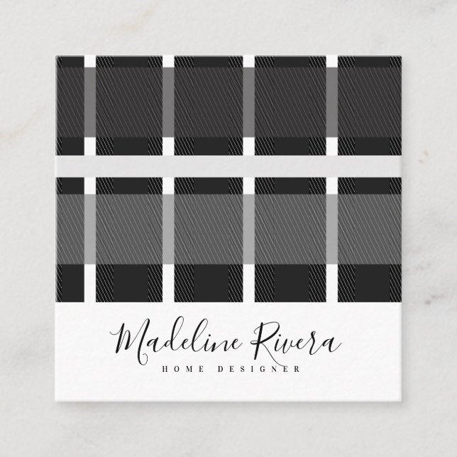 Carte De Visite Carré Formes Gris Noir Plaid Motif Tartan (Devant)