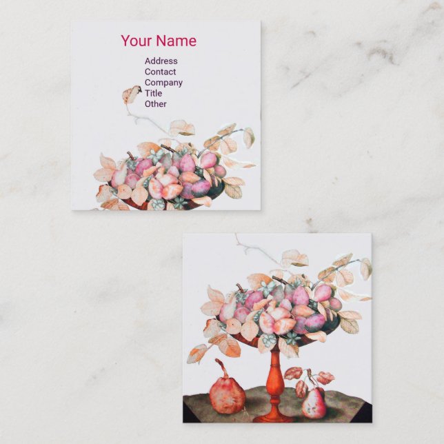 Carte De Visite Carré FRUITS DE SAISON, FLEURS, PRUNES FEUILLE Rose Blan (Devant / Derrière)