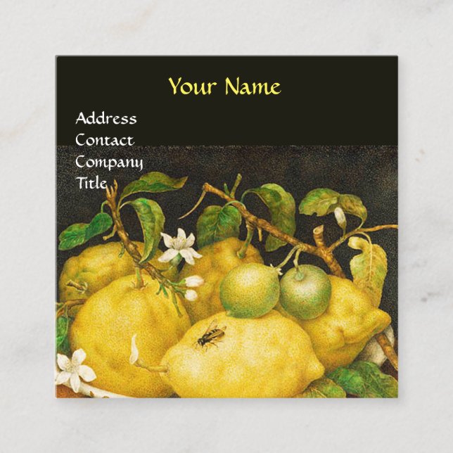 CARTE DE VISITE CARRÉ FRUITS DE SAISON, LÉMONS ET FLEURS BLANCHES JAUNE (Devant)