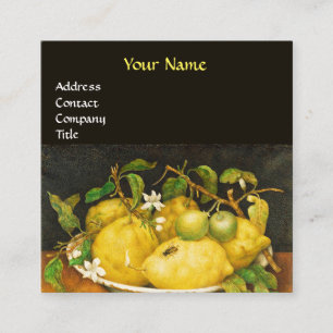 CARTE DE VISITE CARRÉ FRUITS DE SAISON, LÉMONS ET FLEURS BLANCHES JAUNE