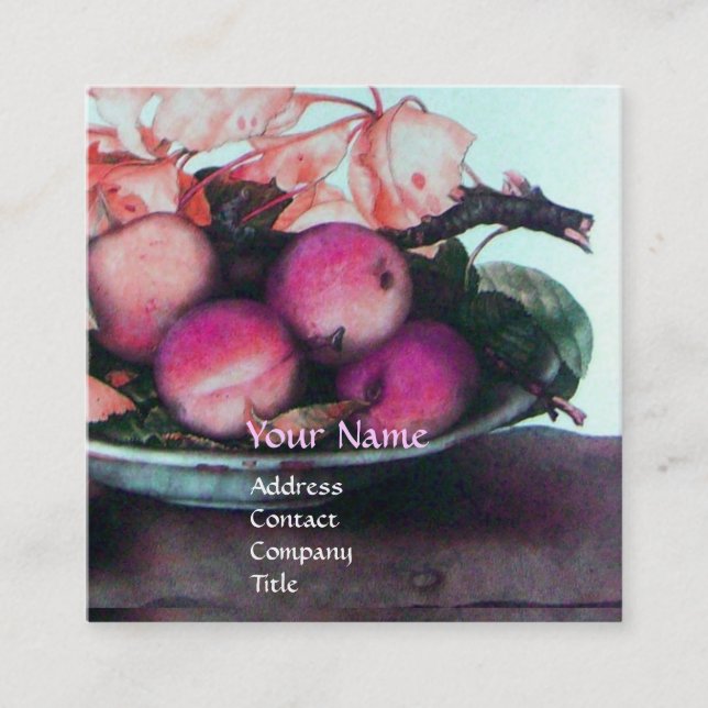 Carte De Visite Carré FRUITS DE SAISON Pêches, Prunes, Feuille Gris Rose (Devant)