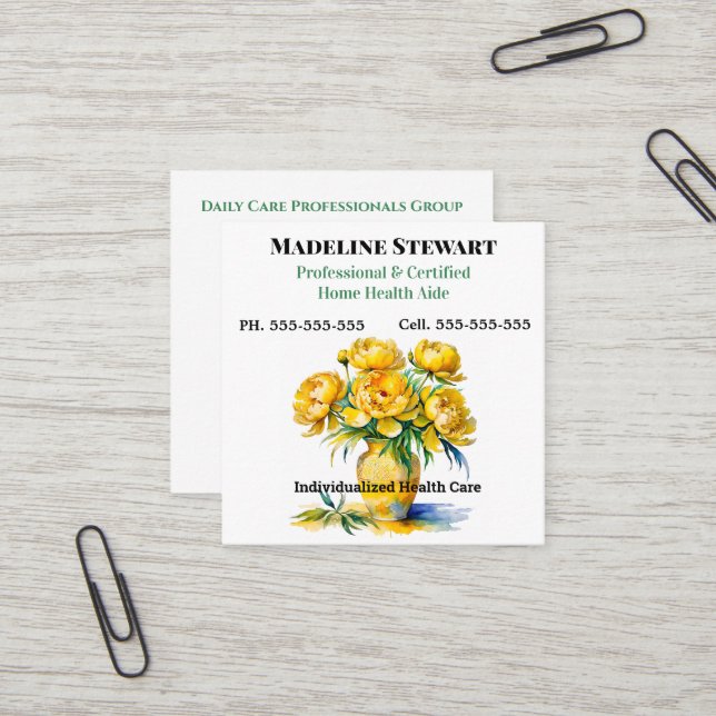 Carte De Visite Carré Gardien de carrière Jaune Peony Carré professionne (Devant/Arrière en situation)