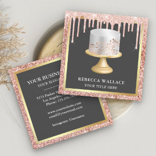 Carte De Visite Carré Gâteau de pâtisserie Rose Gold Glitter Drips Feuil