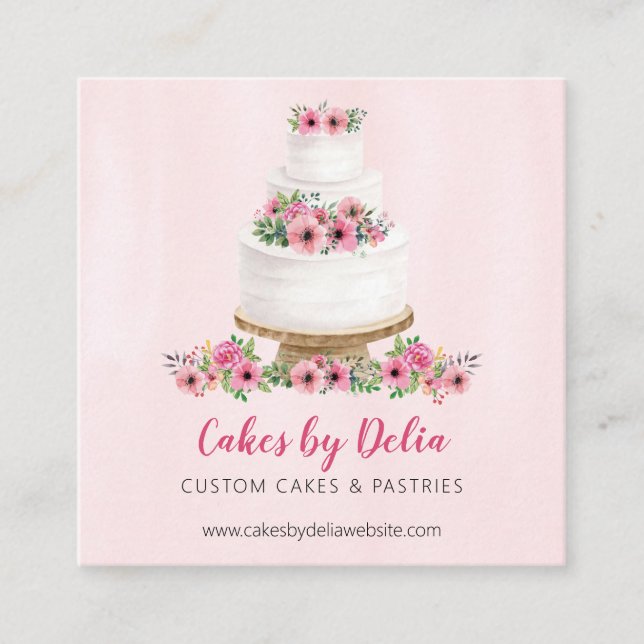 Carte De Visite Carré Gâteau Mariage rose Aquarelle (Devant)