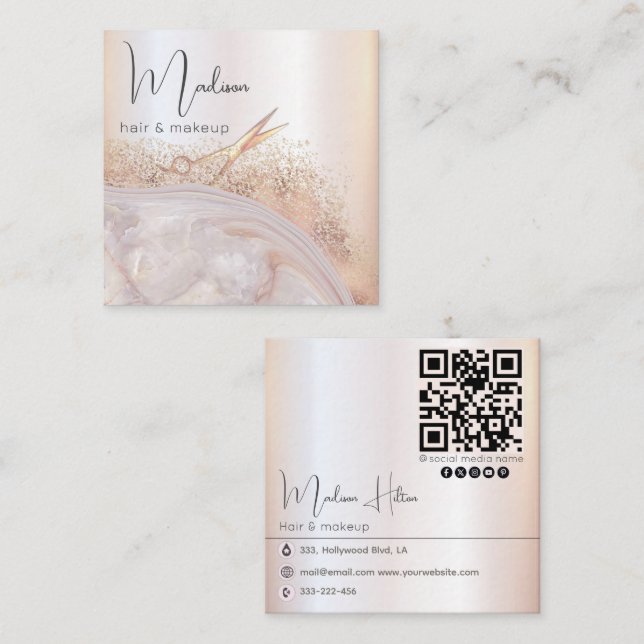 Carte De Visite Carré Géode Agate rose or moderne qr code (Devant / Derrière)