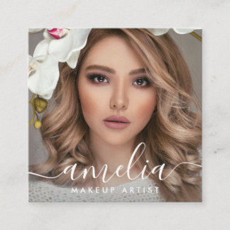 Carte De Visite Carré Girly Script QR Code Photo 