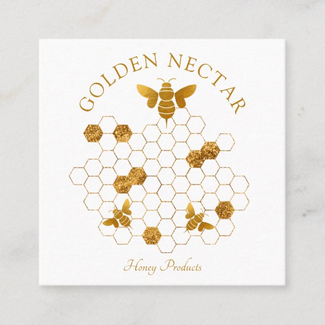 Carte De Visite Carré Gold Bee Honeycomb Logo Beekeeper Honey Products (Devant)