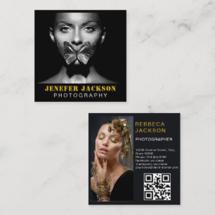 Carte De Visite Carré Gold Black Bold Script 2 Photo Minimal QR Code