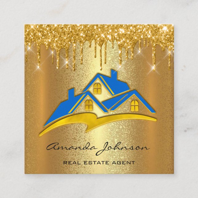 Carte De Visite Carré Gold Drives Blue Logo House Agent immobilier (Devant)