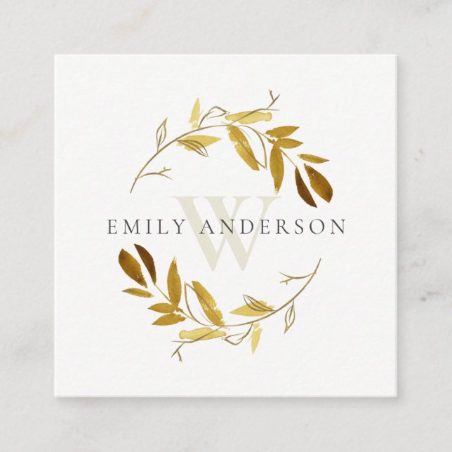 CARTE DE VISITE CARRÉ GOLD JAUNE FOLIAGE INITIAL WREATH PROFESSIONAL (Devant)