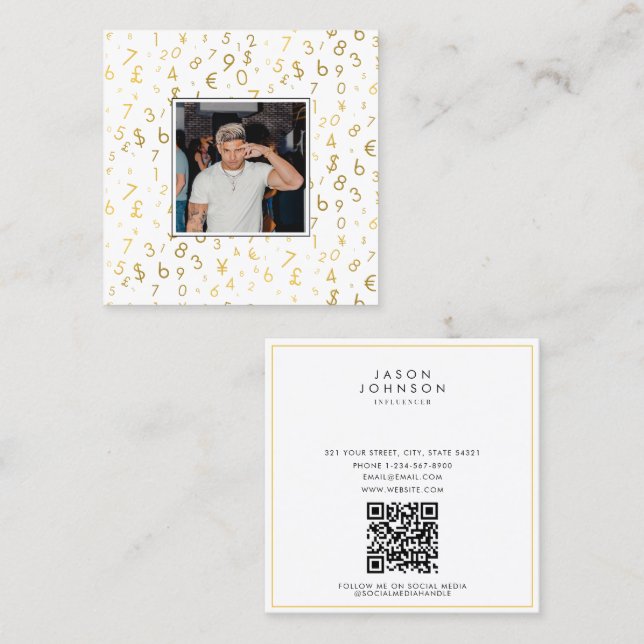 Carte De Visite Carré Gold Luxury Numéro & Devise Influencer Photo (Devant / Derrière)