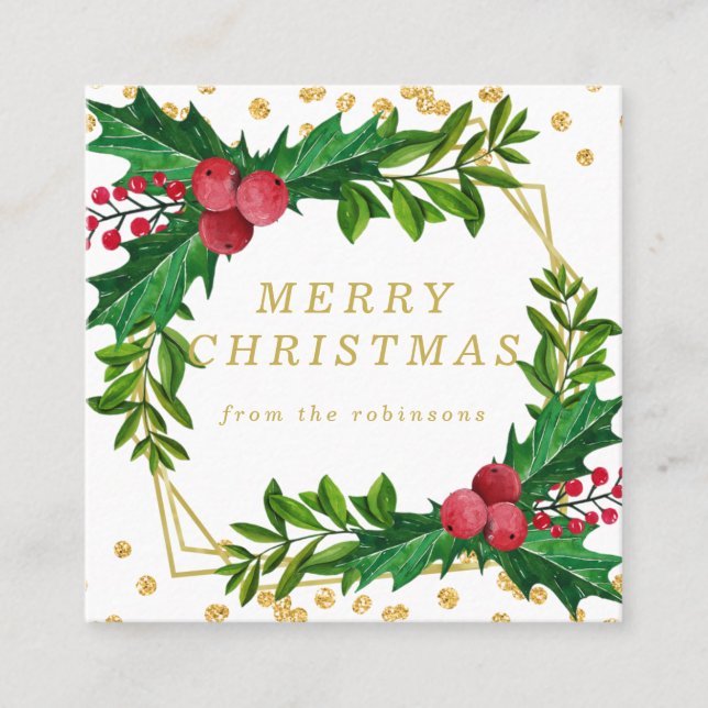 Carte De Visite Carré Gold Red Family Joyeux Noël Holly Parties scintill (Devant)