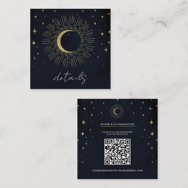 Carte De Visite Carré Gold Stars Night Celestial Sunburst Moon Mariage (Devant / Derrière)