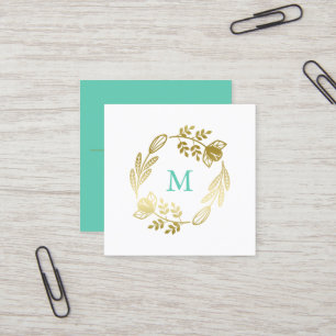 Carte De Visite Carré Golden Floral Wreath & Mint Green Monogramme