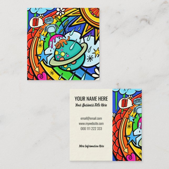 Carte De Visite Carré Graffiti caricature Arc-en-ciel Planète Doodle (Devant / Derrière)