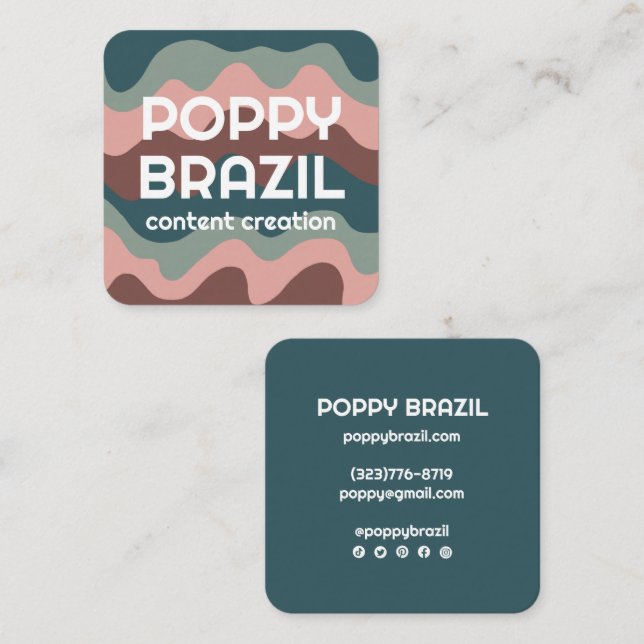 Carte De Visite Carré GRANDE BOLD RETRO Curvy Wavy Stripes rose Turquois (Devant / Derrière)