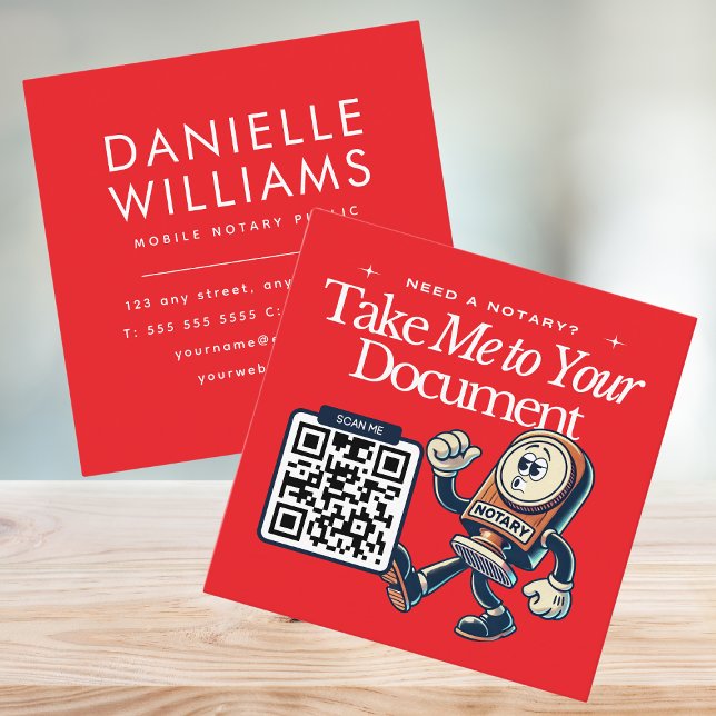 Carte De Visite Carré Gras rouge Noir Public QR Code amusant (Bold red notary public business card with contact information and a QR code on the back)