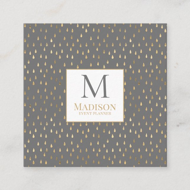 Carte De Visite Carré Gray Gold Raindrop Moderne Monogramme tendance (Devant)