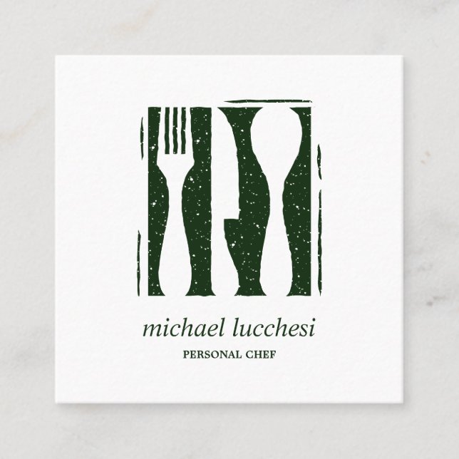 Carte De Visite Carré Green Cutlery Chef Restauration Restaurant icône s (Devant)