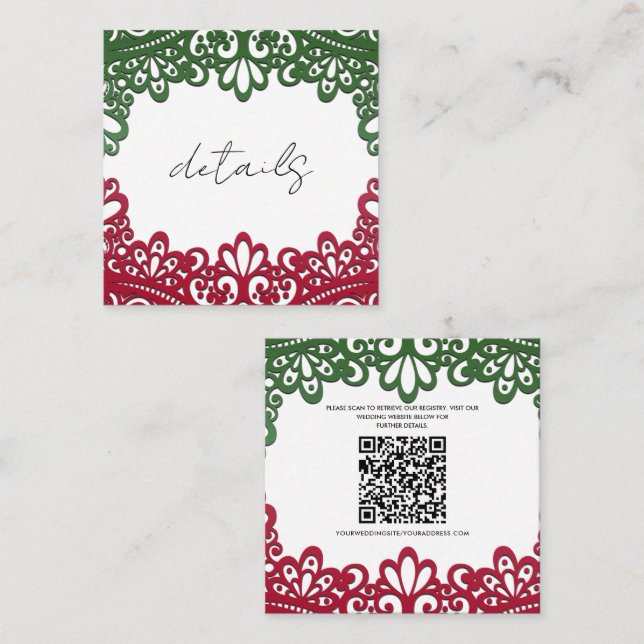 Carte De Visite Carré Green & Red Lace Elegant Fiesta Détails du Mariage (Devant / Derrière)
