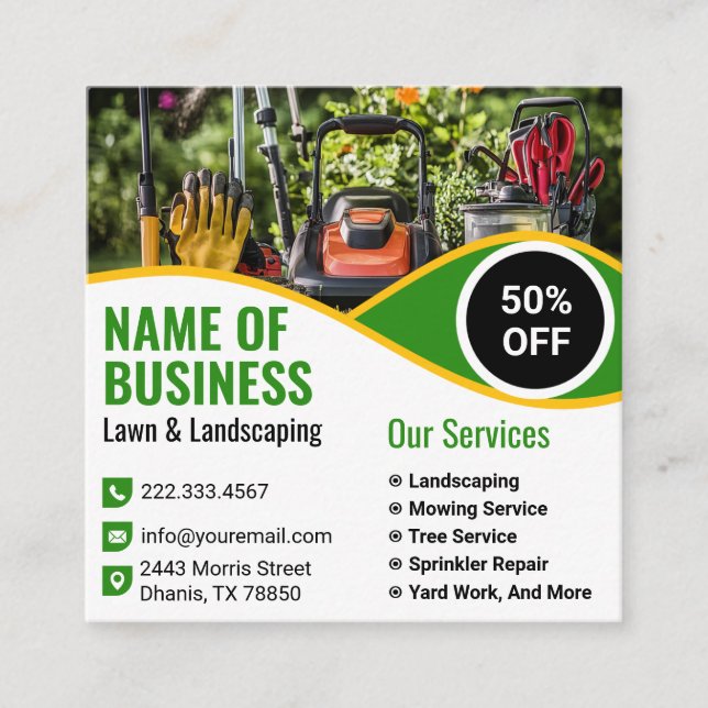 Carte De Visite Carré Green Yellow Lawn Mower Landscaping Service (Devant)