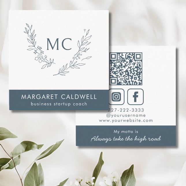 Carte De Visite Carré Gris d'ardoise neutre monogramme (Slate Gray Monogram Wreath Social Media Square Business Card)