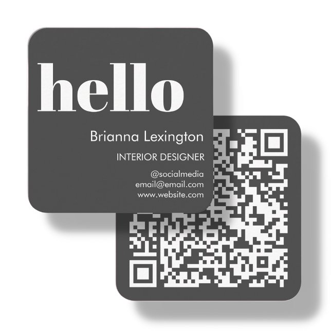 Carte De Visite Carré Gris | QR Code Médias sociaux Bonjour (Créateur téléchargé)
