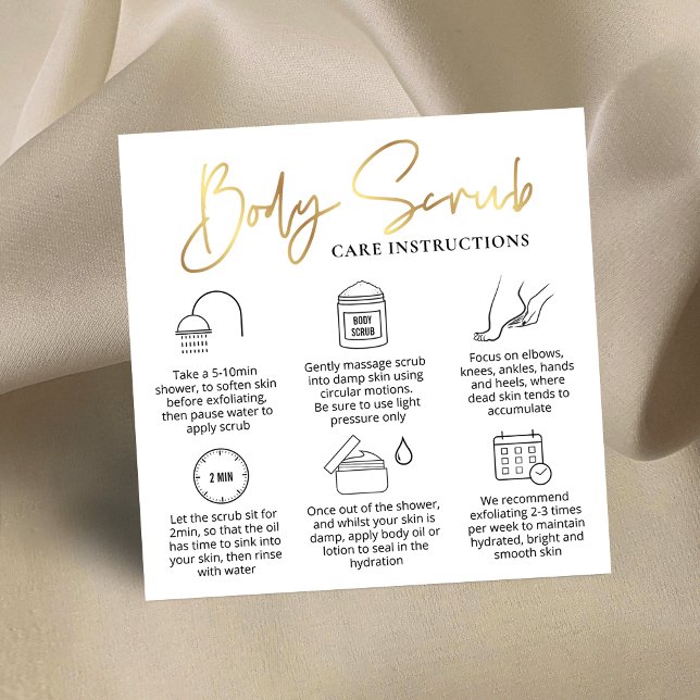 Carte De Visite Carré Guide de l'application Body Scrub Logo Blanc & Or (Elegant Sugar Body Scrub care instructions cards with icons and faux gold effects)