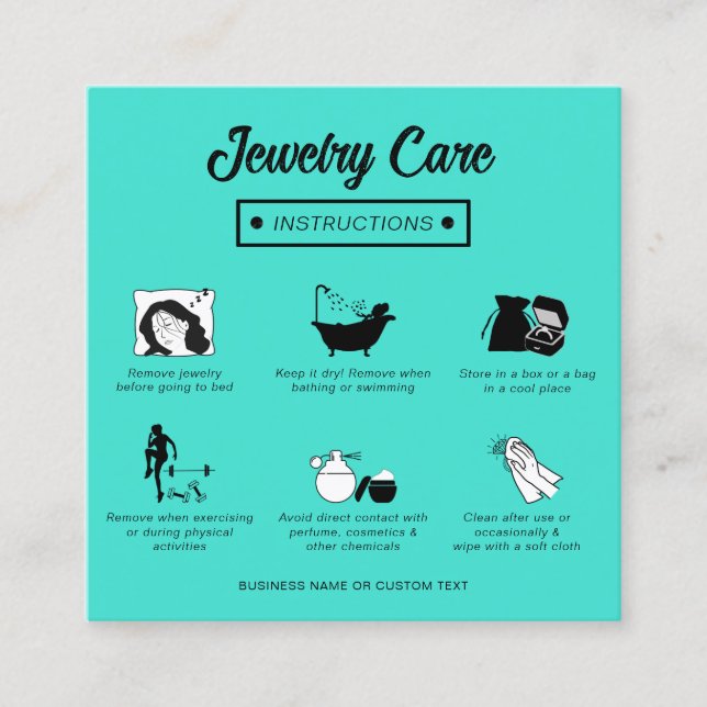 Carte De Visite Carré Guide de soins pour bijoux Turquoises et simples (Devant)