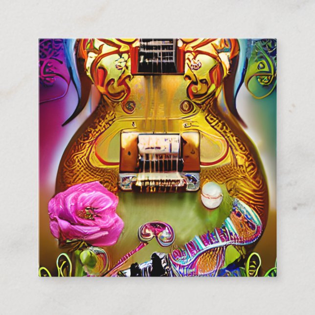 Carte De Visite Carré Guitare électrique étonnante avec Rose (Devant)
