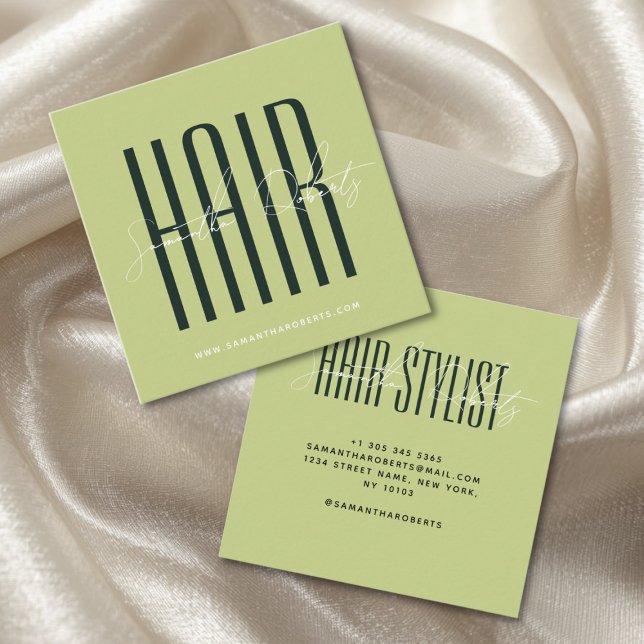 Carte De Visite Carré Hair stylist modern typography script green (Créateur téléchargé)