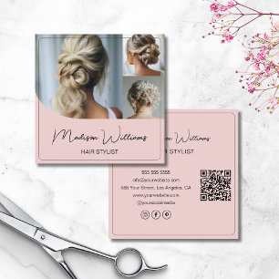 Carte De Visite Carré Hair Styliste Salon 3 Photos QR Rose