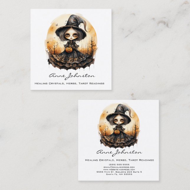 Carte De Visite Carré Halloween en sorcière aquarelle (Devant / Derrière)