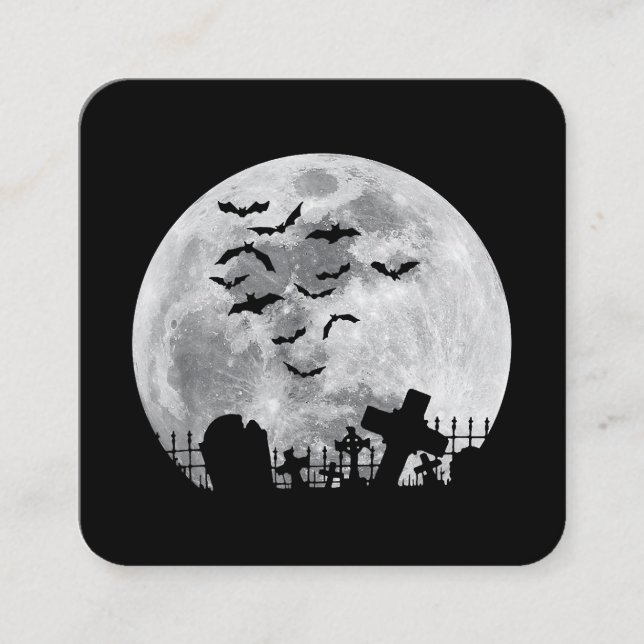 Carte De Visite Carré Halloween Pleine lune Cimetière Bats Éffrayants (Devant)