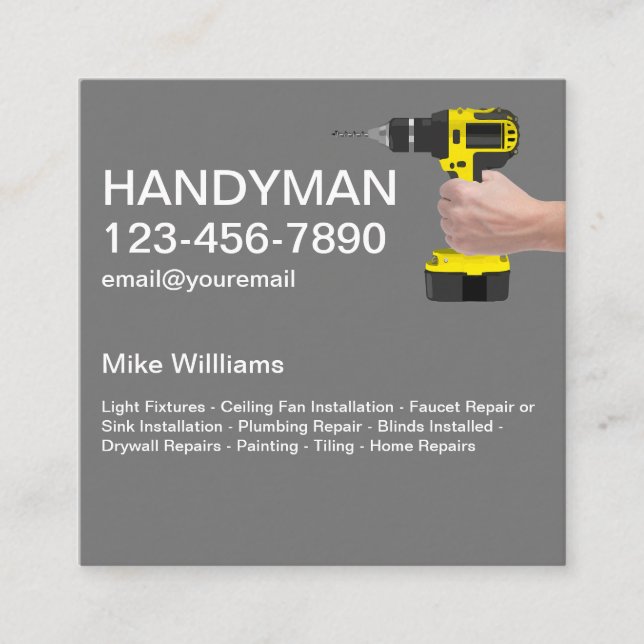 Carte De Visite Carré Handyman Tenant Un Outil De Perceuse De Puissance (Devant)