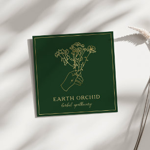 Carte De Visite Carré Herbal + Apothécaire Floral Or & Vert