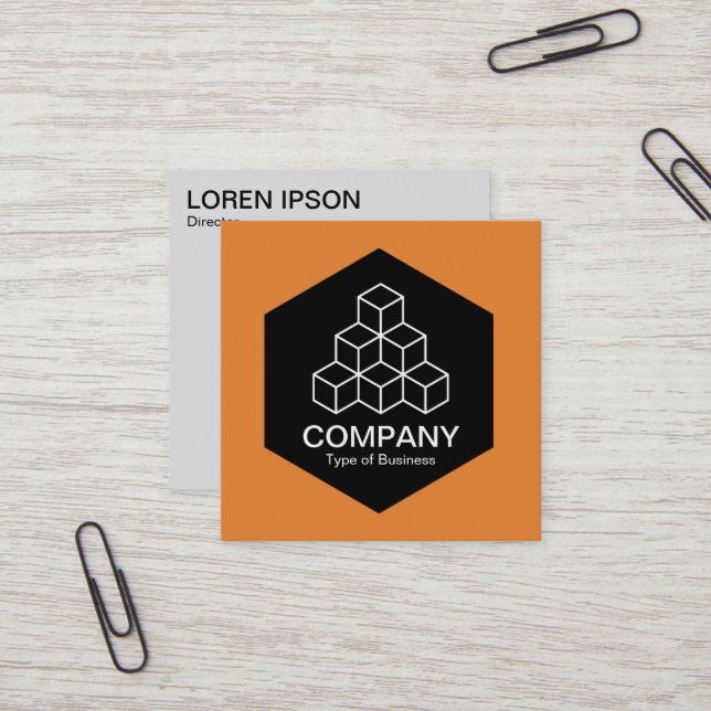 Carte De Visite Carré Hexagone noir - blocs géométriques - orange (Devant/Arrière en situation)