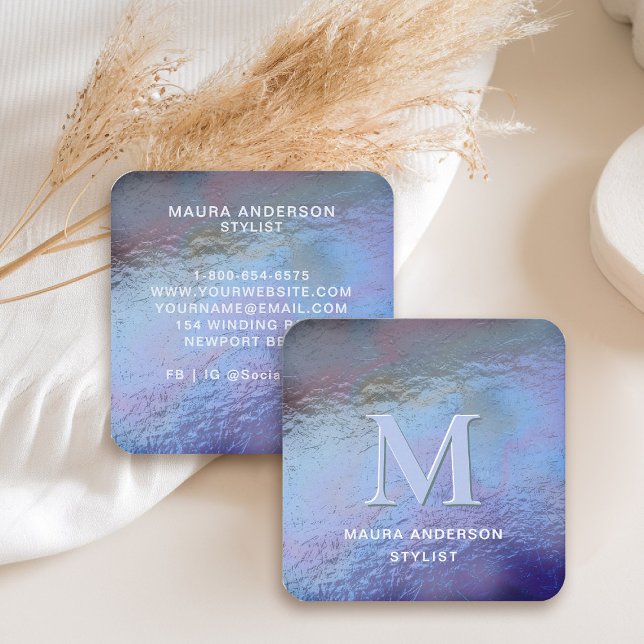 Carte De Visite Carré Holographique bleu violet moderne Monogramme éléga (holographic business card square purple blue monogram hairdresser stylist artist lash nails makeup)