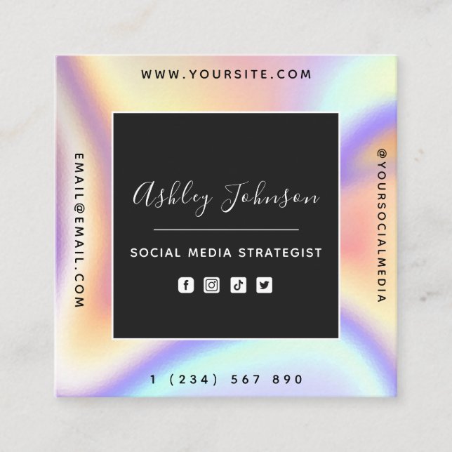 Carte De Visite Carré Holographique esthétique médias sociaux QR Code te (Devant)