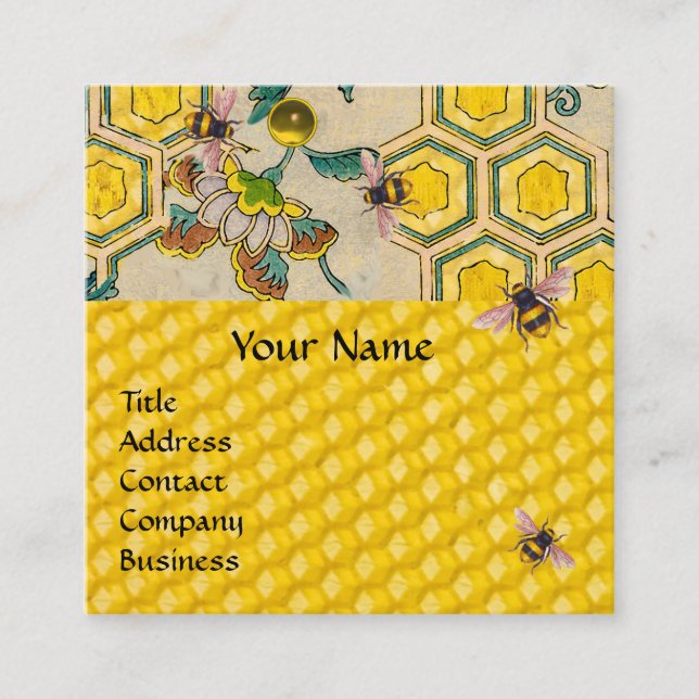 CARTE DE VISITE CARRÉ HONEY BEEHES, BEEHIVES, PRINTEMPS FLEURS BEEKEEPER (Devant)
