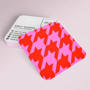 Carte De Visite Carré Houndstooth moderne Ajouter Logo Neon rose et roug