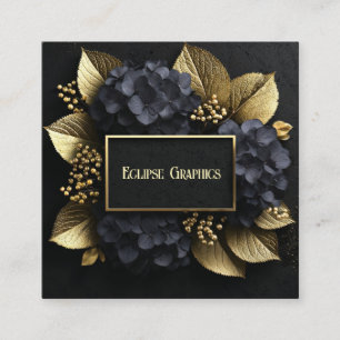 Carte De Visite Carré Hydrangea Géométrique Moderne Noir et Or